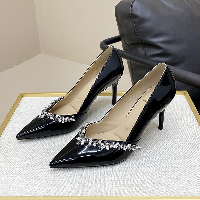 

A-Черные туфли-лодочки с острым носком, стразами, на тонком каблуке, атласные, модные, универсальные, на высоком каблуке 40