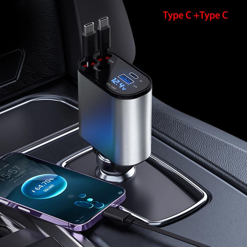 4 IN 1 100W Cigar Lighter Plug Fast Charger Charge Retractable Car USB Jack Type C Cigarette Lit Cable Socket For IPhone Adapter