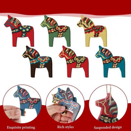 6/12Pcs Christmas Ornament Colorful Horse Design Hanging Decoration with Lanyard Christmas Tree Tabletop Wall Parties Decor