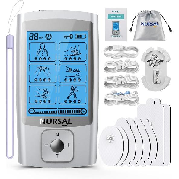 NURSAL 24 Modes TENS Unit Muscle Stimulator with Continuous Stimulation, Rechargeable Electronic Pulse Massager with 8 Pads for Back and Shoulder A-sliver
