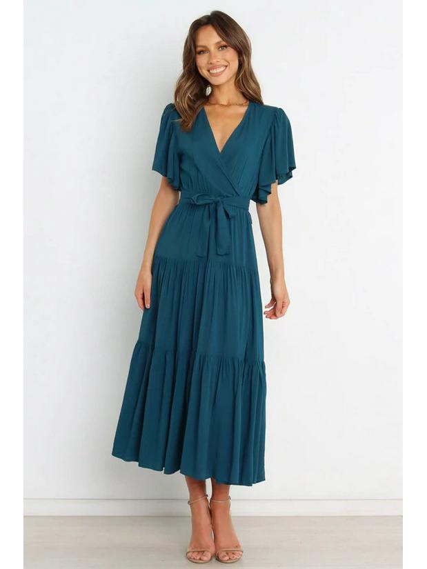 Böhmisches V-Ausschnitt Druck Kurzarm Taillenbetontes Langes Kleid Verfügbar