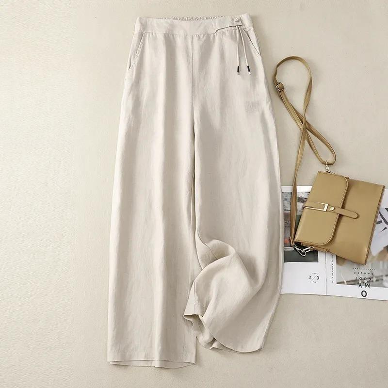 Baumwoll-Leinen Weite Hosen Damen Frühling und Sommer Locker Retro Weite Hosen Hohe Taille Freizeit Hosen
