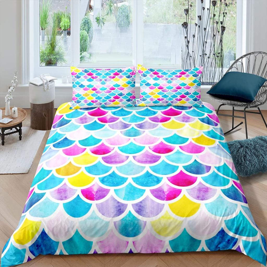Fish Scales Duvet Cover Set Bedding Set Colorful Mermaid Scale Quilt Cover Pillowcase Queen Size Girls 2/3pcs Comforter Cover
