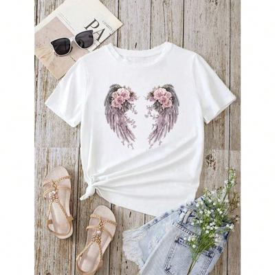 T-shirt Unisexe à Imprimé Ailes Florales Mode Été Décontracté Streetwear Hauts à Col Rond T-shirts Graphiques Floraux Manches Courtes Vêtements Féminins