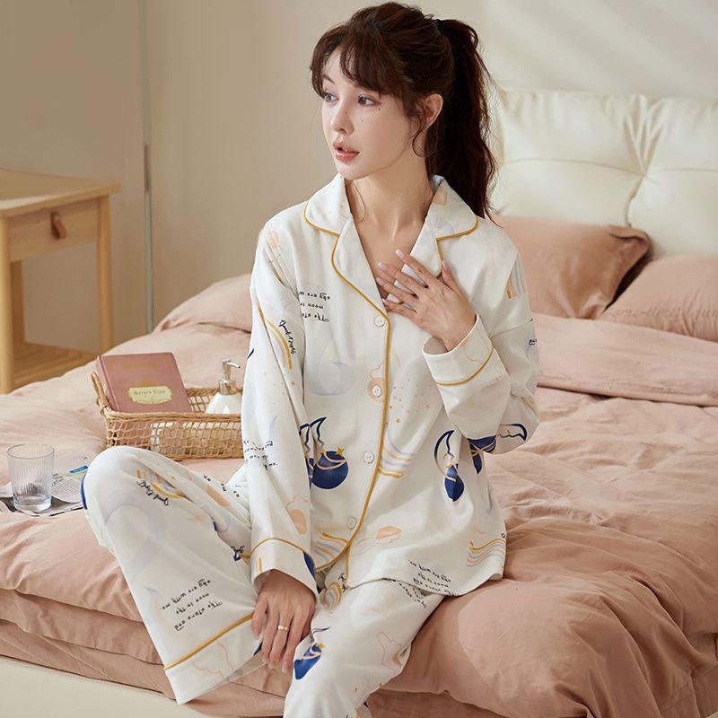 Pajamas women's spring and autumn imitation cotton high value fresh and sweet love women's long-sleeved trousers set loose loungewear