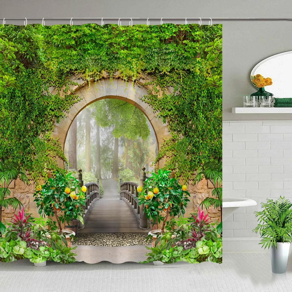 Tenda da Doccia da Giardino Esterna Muro a Fiori Arco Architettura Piante Fiori Paesaggio Poliestere Tende Sospese Decorazioni Bagno