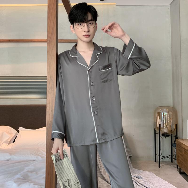 Satin Thin Ice Silk Pajamas Men's Spring and Autumn High-end Men's Imitation Silk Four-season Long-sleeved Loungewear Suit