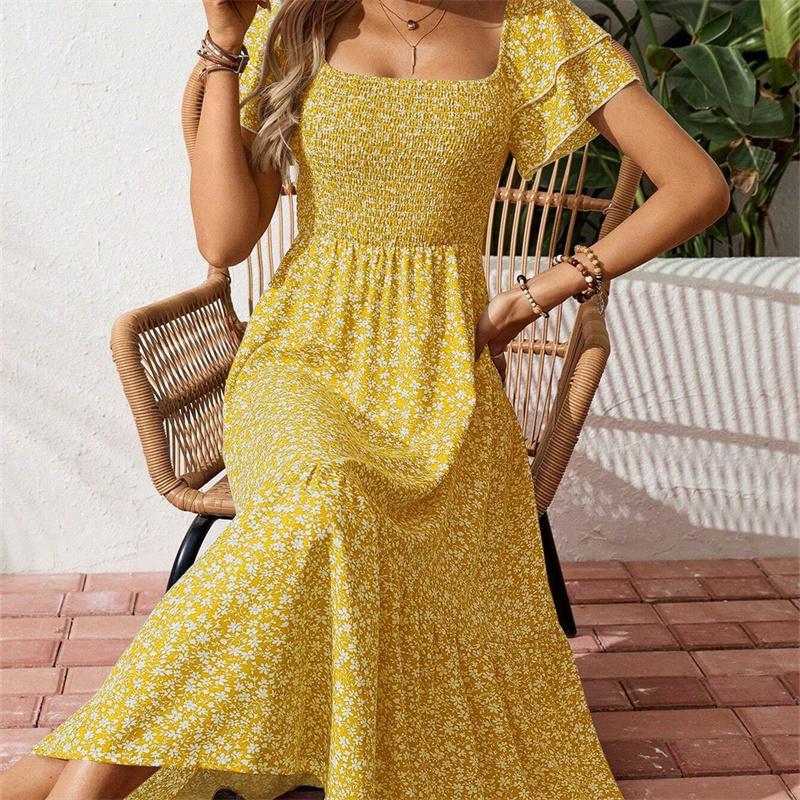Women's Square Collar Waist Printed Bubble Sleeve Dress S-XXXL