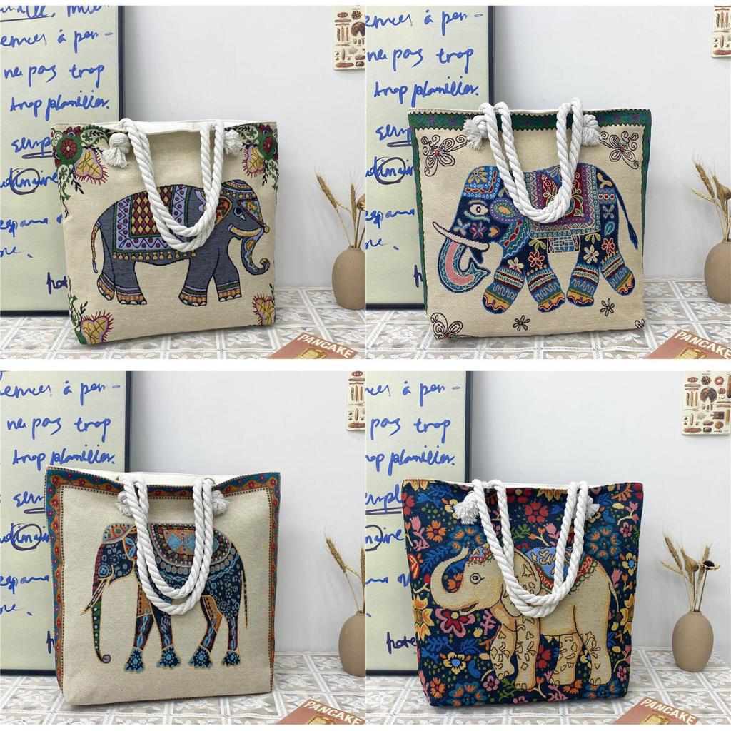Ethnic Style Elephant Embroidered Canvas Shoulder Bag With Cotton Rope Strap For Casual Travel