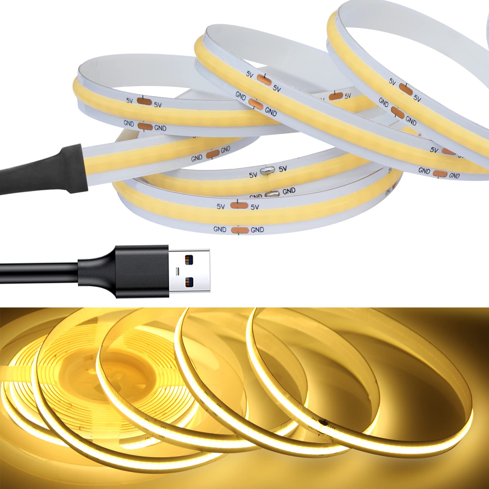 

LEKE COB LED Strip Light, Flexible, High-Density, 5m, 320 LEDsm, Warm White (3000K), DC5V, 180°, CRI90, Double-Sided Tape, Deformable and Cuttable,