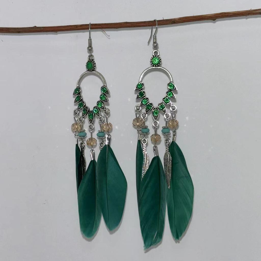Vintage Bohemian Feather Tassel Earrings Exaggerated Ethnic Vacation Dangle Ear Jewelry Fashion Accessories For Women