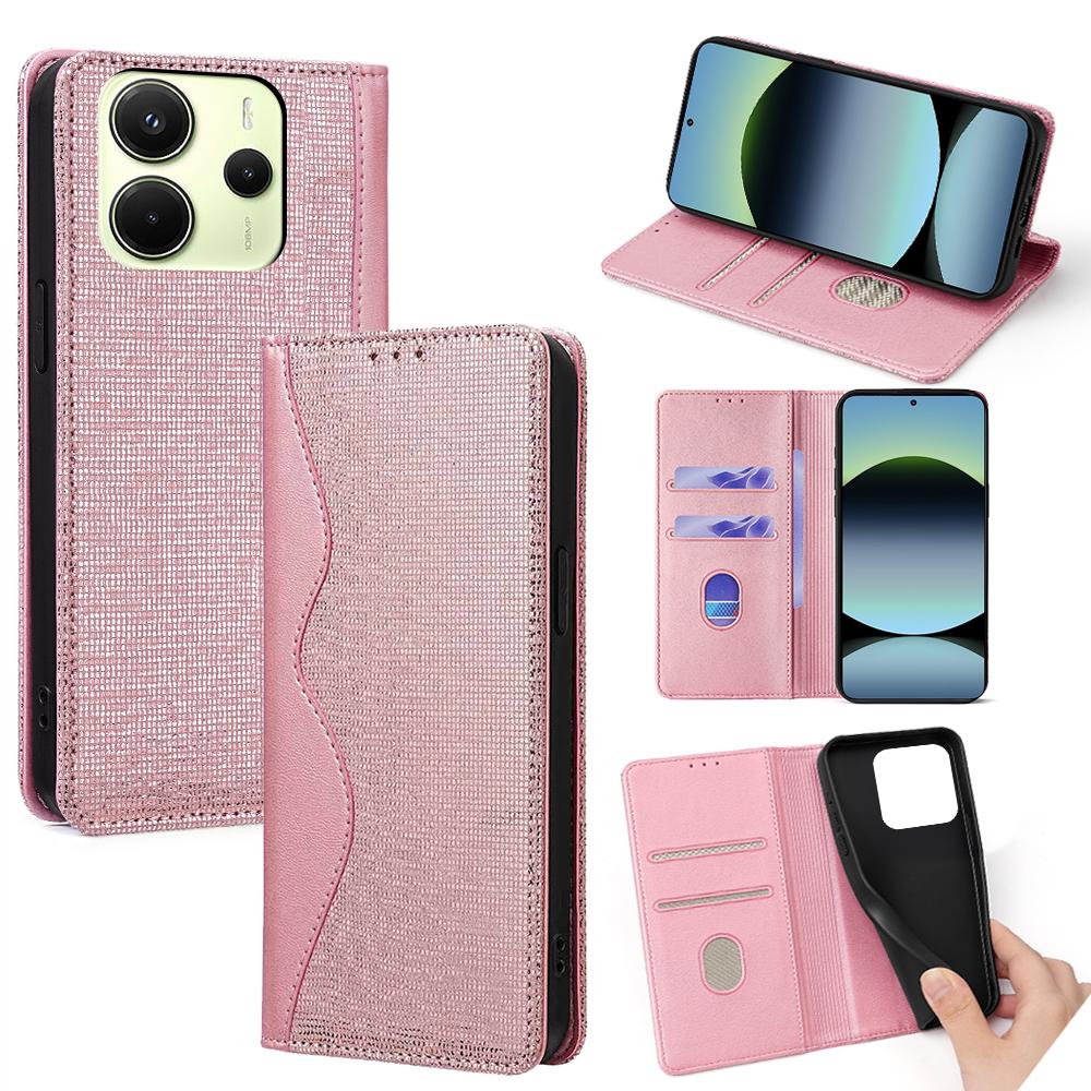 

For Xiaomi Redmi Note 14 4G (163.25mm) Wallet Case Wave Shape RFID Blocking PU Leather Stand Phone Cover Rose Gold