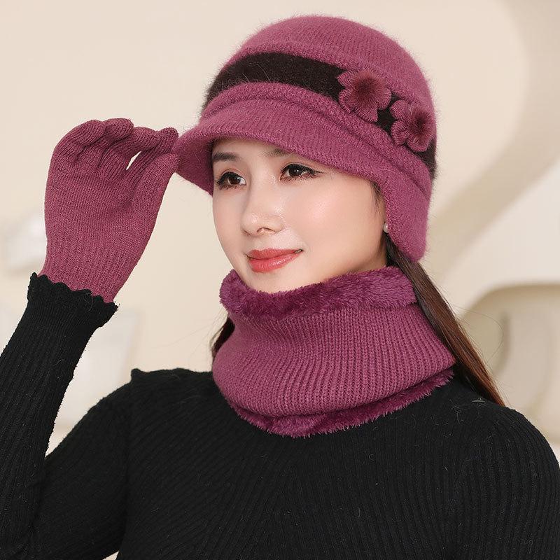 Ladies rabbit fur knitted thermal cap in the elderly grandmother fleece cold wool ear hat fashion mother