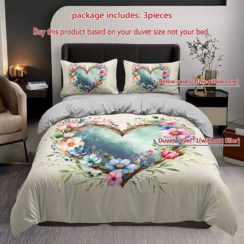 3Pcs Watercolor Floral Heart Bedding Duvet Cover Set Romantic Floral Bedding Quilt Set Bohemian Themed Bed Quilt Set Farmhouse Duvet Cover Set&EU Single(135x200cm)