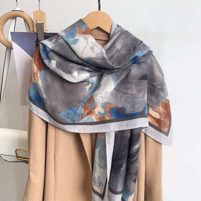 New Chinese Style Oil Painting Flower Scarf Long Silk Scarf For Travel Sun Protection