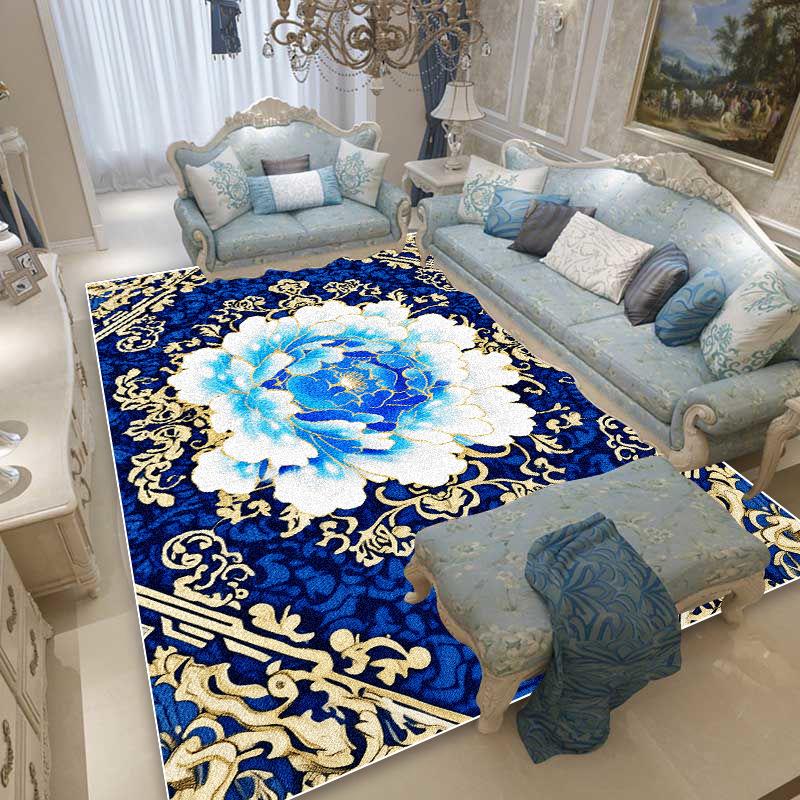 Blue Floral European Style Rugs Living Room Decoration Large Area Carpet Sofa Area Bedroom Cloakroom Non-slip Washable Floor Mat