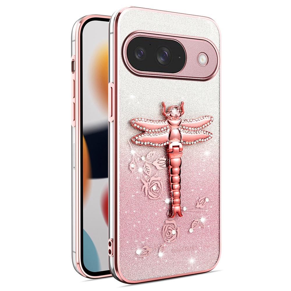 KADEM For Google Pixel 10/10 Pro Case Dragonfly Kickstand TPU Flowers Glitter Phone Cover