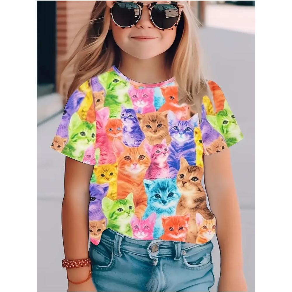 Kids Girls Clothes Cute Cat 3D Print Summer Short Sleeves Graphic Outdoor Children Cute Style