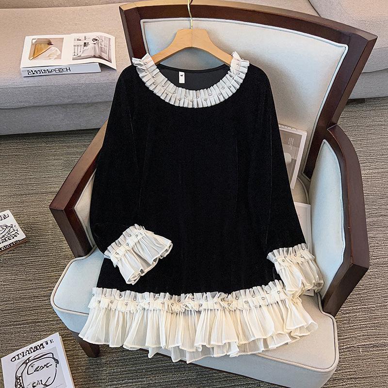 

Осень 2025 Пуловер большого размера с кружевной вставкой и отделкой оборками 8XL (230-260 jin)