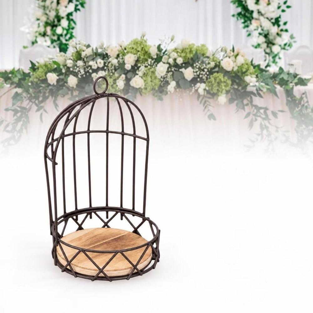 Vintage Birdcage Planter Stand Iron Frame,Wooden Board Bird Cage Table Decor  Vase Bouquet Display