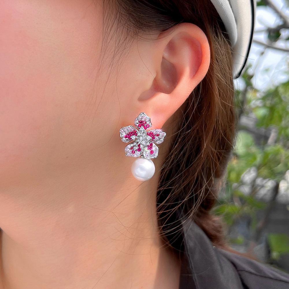 Needle French Light Luxury High-End Three-Dimensional Flower Pearl Earrings Design Zircon Pearl Ear Jewelry