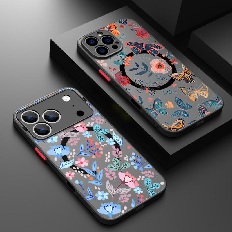 Magnetic Colorful Flower Phone Case For iPhone 17 15 16 Pro Max 14 13 Pro 17 For Magsafe Wireless Charge Soft Edge Hard PC Cover