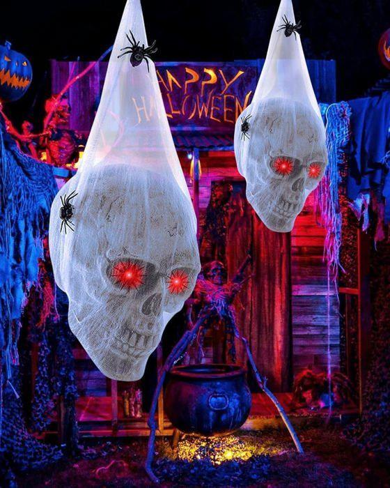 Lot De 2 Décorations À Suspendre Pour Halloween, Crâne En Plein Air Avec 2 Araignées, Décoration De Tête De Mort Pour Halloween