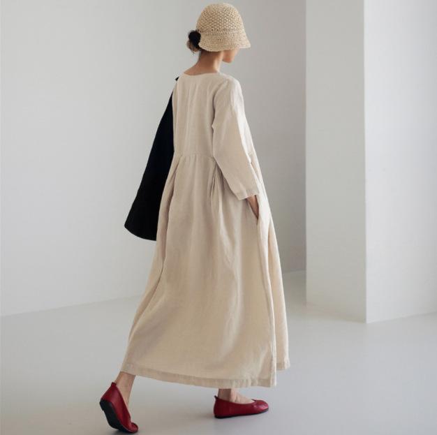 Plus Size Women Loose Cotton Linen Dress Oversized Round Neck Long Dress Elegant Casual Robe Spring Summer Autumn Dresses