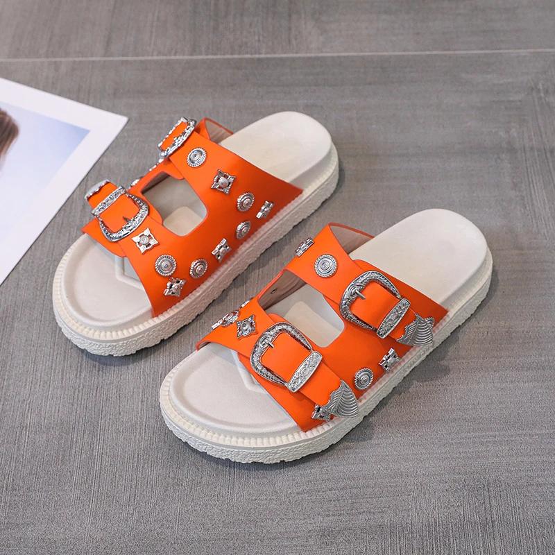 Fashion Platform slippers 20245summer new wear metal buckle rivet casual sandals open toe one word beach ins cool style shoes