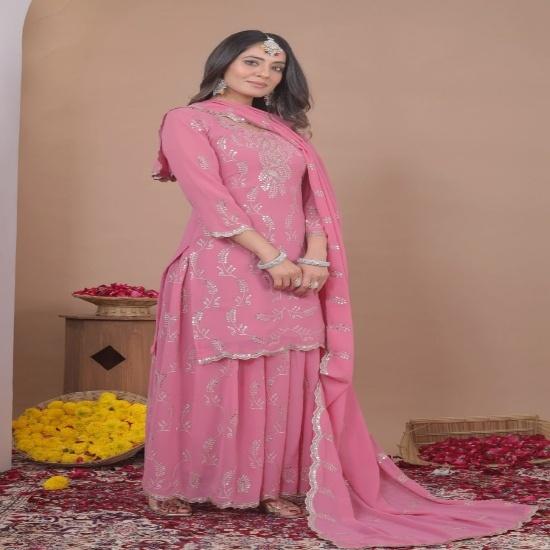 Charming Pastel Pink Embroidered Sharara Set with Dupatta S