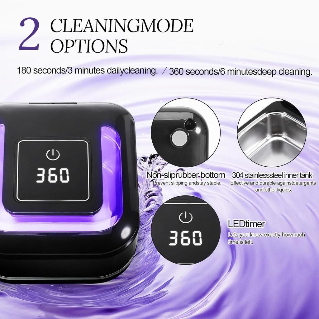 Ultrasonic Cleaning Device for Dentures, 42kHz UV Cleaner, 180 Ml Cleaning Device, Glasses, 2 Modes 180/360 Seconds for Dentures, Aligners