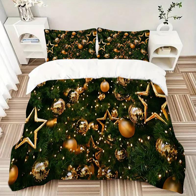 3pcs Christmas Tree Decorations with Gold Ornaments and Stars Bedding Set - Festive Holiday Gift for Home Decoration (Includes One Quilt Cover and Two