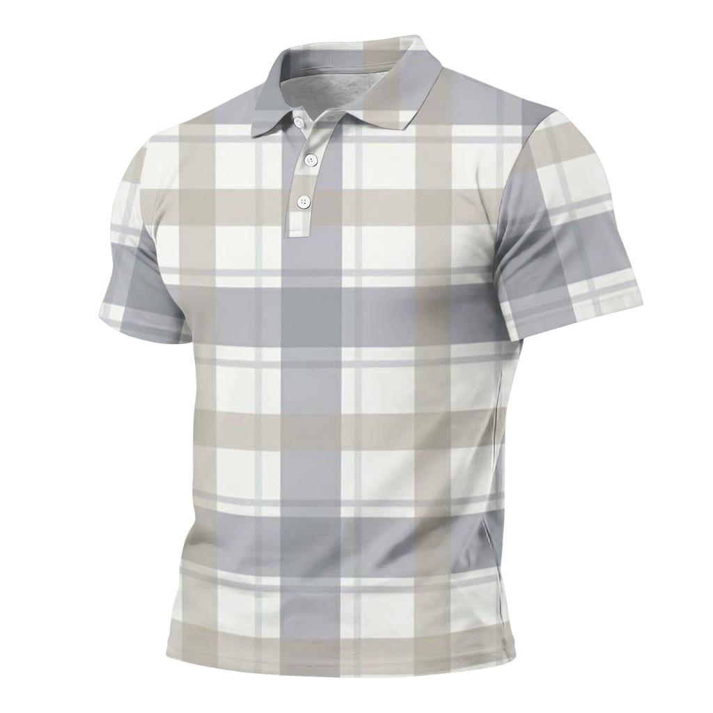 Men Loose Fit Casual Plaid Print Short Sleeve Polo Shirt with Turn Down Collar for Everyday Comfort Style