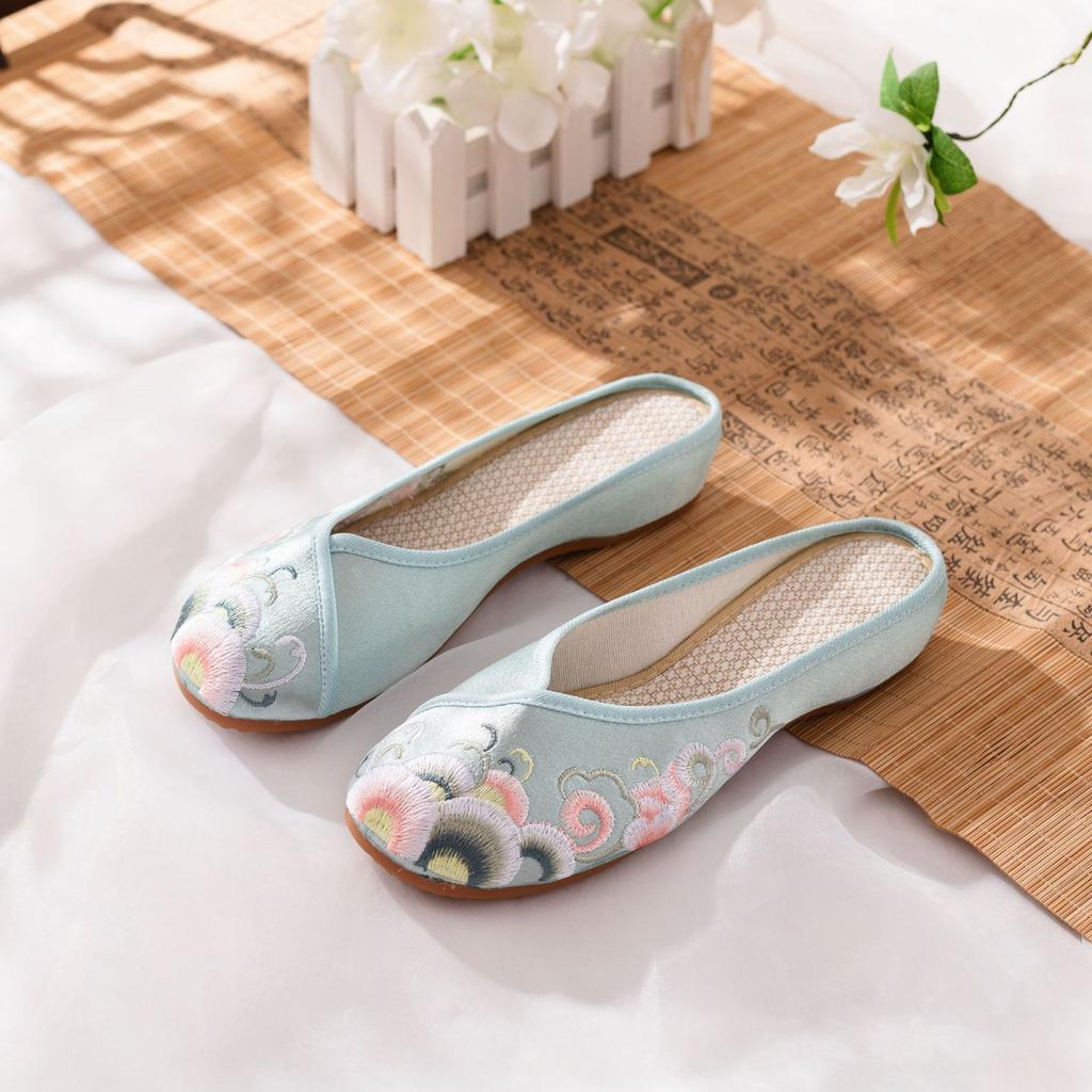 [Blue Sea] 2024 Summer Satin Slippers Low Heel Elegant Women's Soft Sole Embroidered Cloth Shoes Wedding Shoes with Cheongsam Women's Shoes