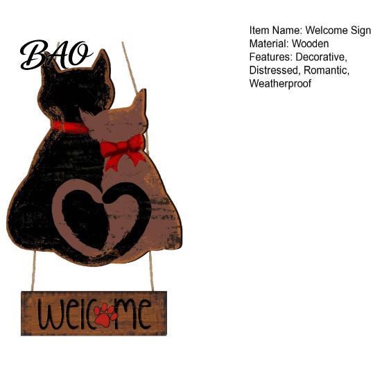 Hanging Wall Decor for Garden Wooden Welcome Sign Front Door, Romantic Cat Couple Door Pendant, Rustic Farmhouse Outdoor Porch Entryway Decoration