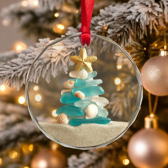 Sea Glass Christmas Ornaments Handcrafted Coastal Xmas Tree Ornament with Starfish Seashell Decor for Sea Lovers Holiday Party Decor