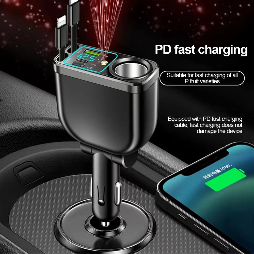5-in-1 120W Car Fast Charger USB Type-C Power Adapter Retractable Phone Charger With Roof Starlight Car Cigarette Lighter