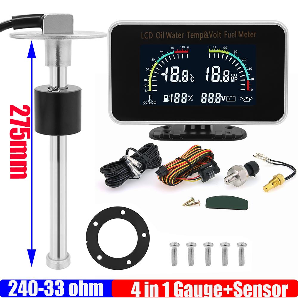 240-33 ohm Fuel Level Sensor 100-500mm 4 IN 1 Gauge with Alarm Fuel Level Gauge+Water Temp+Oil Press+Volt for Car Truck 12V 24V