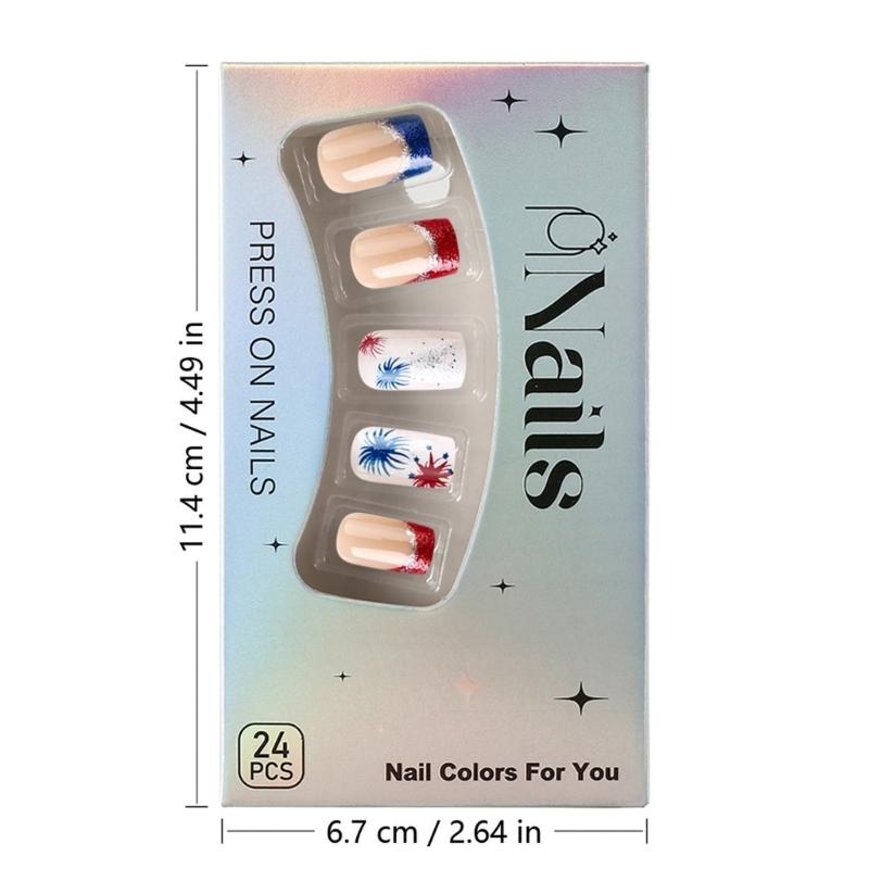 4th of July Press on Nail Square French Tip Fake Nail Independence False Nail with American Flag Star Stick on Nail