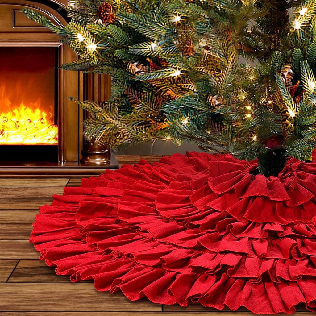 Red Ruffle Christmas Tree Skirt For Artificial Trees, 48 Inches 6 Layer FluffyLarge Tree Skirt For Rustic Christmas Decorations&Ornaments 122CM