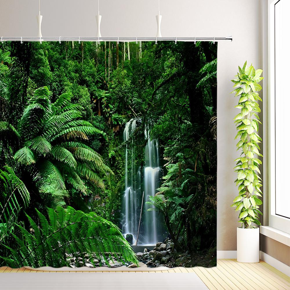 Forest Waterfall Nature Scenery Shower Curtain Flowers Green Plant Trees Birds Animals Home Decor Bathroom Curtains With Hooks