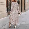 Damen Frühling Langarm Blumendruck O-Ausschnitt Kleid Sommer Lässig A-Linie Knöchellang Elastische Hohe Taille Lockere Kleider