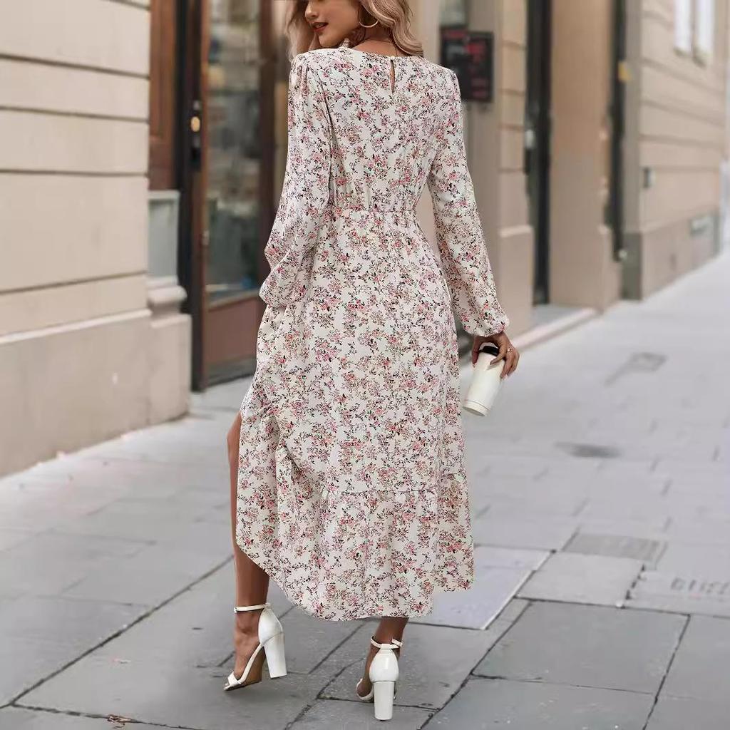 Damen Frühling Langarm Blumendruck O-Ausschnitt Kleid Sommer Lässig A-Linie Knöchellang Elastische Hohe Taille Lockere Kleider