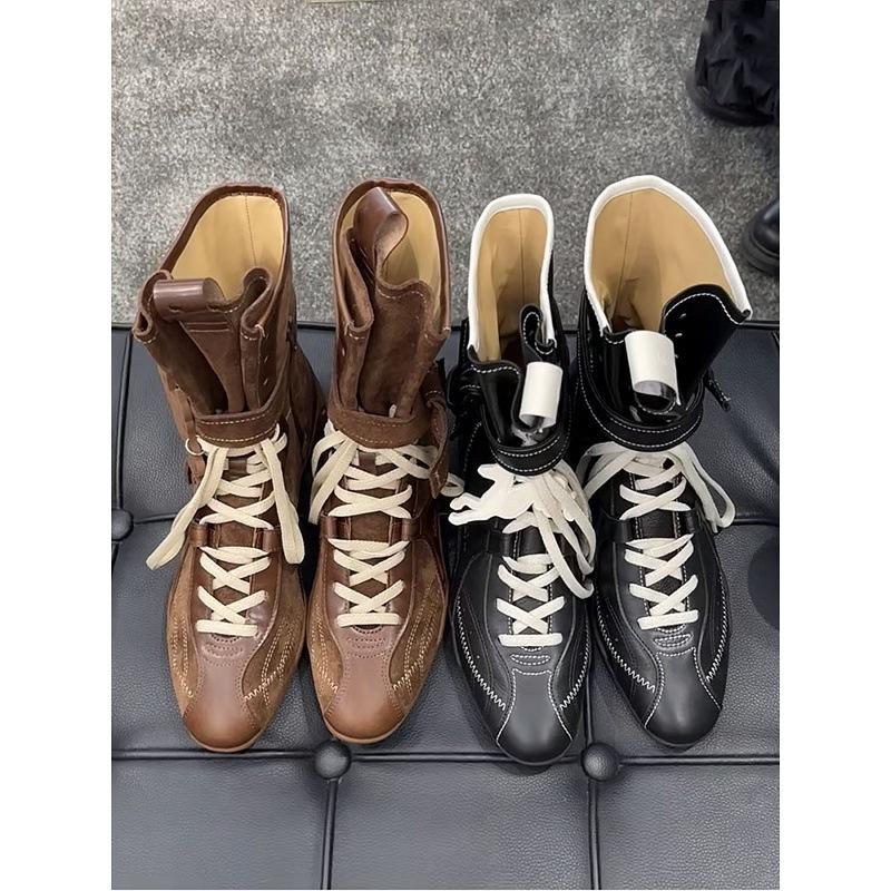Cowhide version~ Flat bottom inner height increase leather Martin boots women's new boxing boots frosted leather lace-up short boots German training