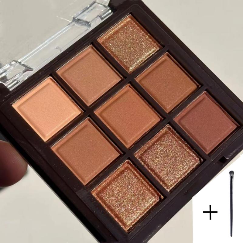 

2 шт./набор 9 цветов Палитра теней для век с блестками + Кисть для теней, Шоколадно-коричневая мерцающая матовая Акриловые тени для век Водонепроницаемая Корейская декоративная косметика