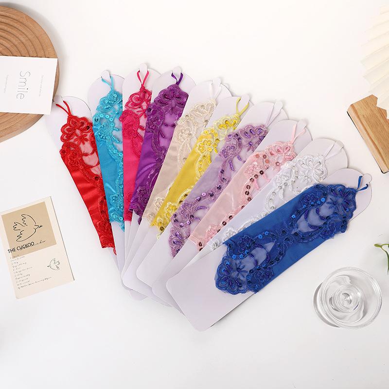 Satin Embroidery Hollow Out Beaded Gloves For Wedding Dresses Sequins Fingerless Wedding Accessories Elegant Bridal Gloves