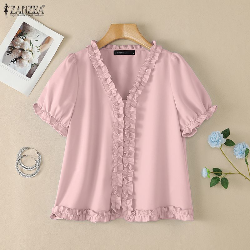 ZANZEA Blusa Casual da Donna con Scollo a V Tinta Unita Maniche Corte Larghe