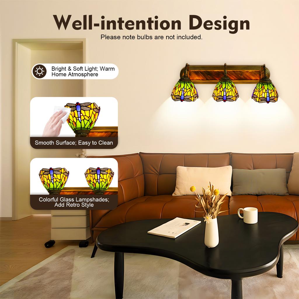 Vintage Dragonfly Wall Sconce 3-Light, Antique Glass & Metal Wall Lamp for Living Room, Bedroom, Hallway, E27 Base 110-240V