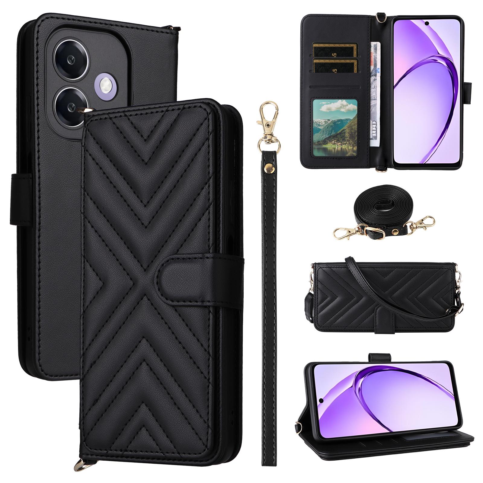 

Wallet Phone Case for Oppo A3x 4G/5G (India)/A3 4G/5G/A40 4G/A40M 4G/A60 5G/A3i 5G Leather Cover with Shoulder/Wrist Strap Black