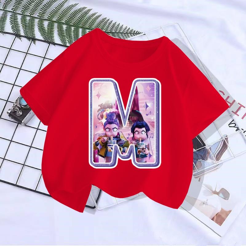 Cute letter boy T-shirt Kpop demon hunter T shirt children's boy and girl summer short sleeved top children's clothing